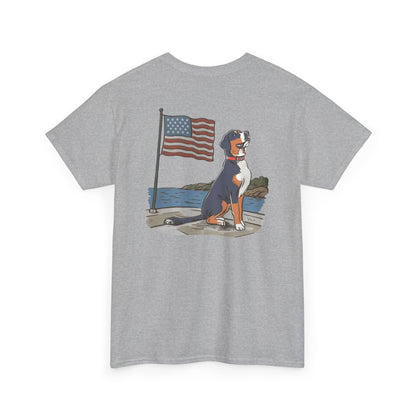 Double Sided Version of our 2025 New Summer Swissy Unisex Tshirt, Greater Swiss Mountain Dog Patriotic Flag Shirt, Cartoon Swissy Character