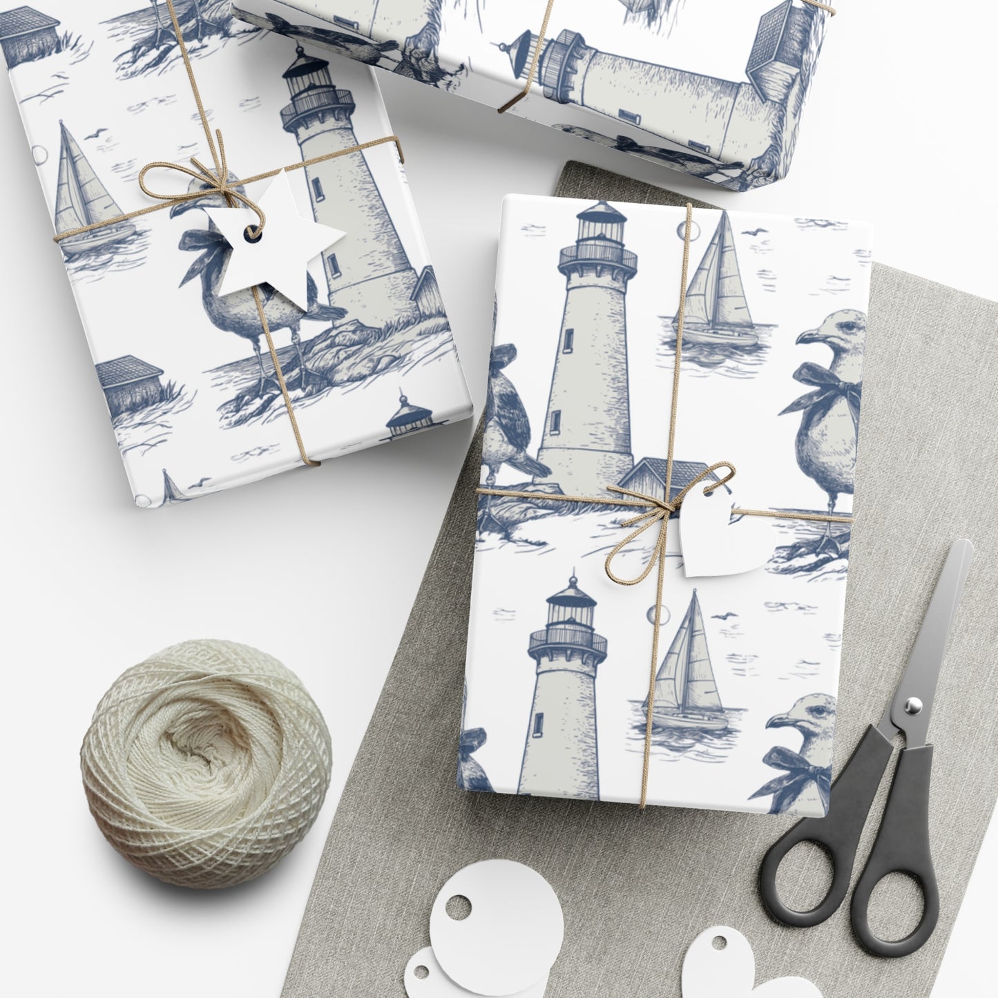 Summer Navy Seagull & Lighthouse Sketched Line Art