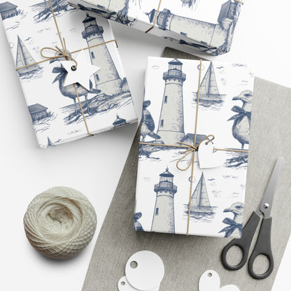 Summer Navy Seagull & Lighthouse Sketched Line Art