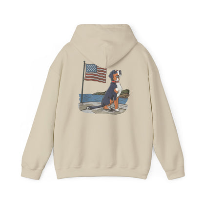 Double Graphic version of our 2025 New Summer Swissy Unisex Hooded Sweatshirt, Swissy Summer Hoodie, Greater Swiss Mountain Dog, Cartoon Swissy Character
