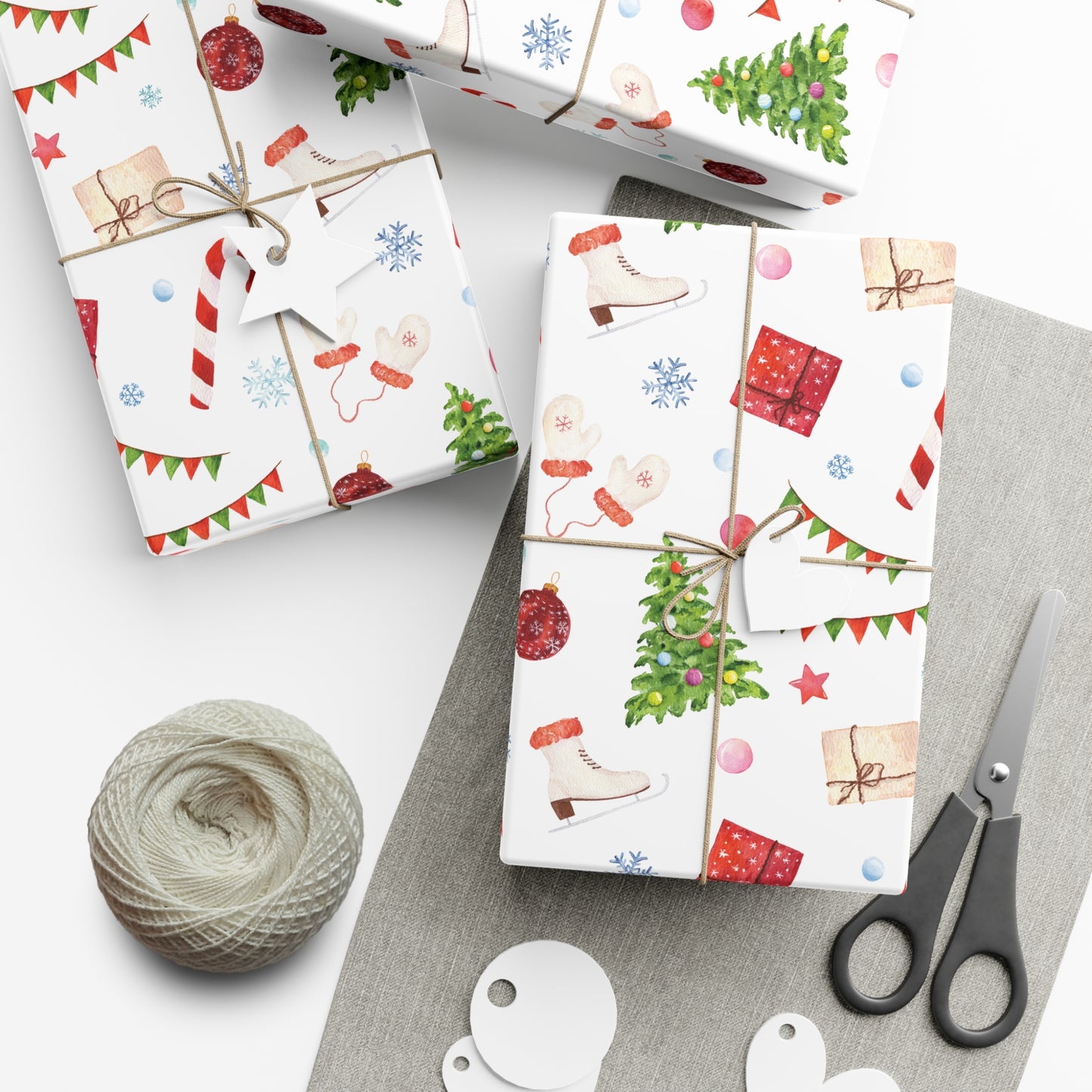 Mittens & Ice Skates Christmas Wrapping Paper, Woodland Christmas Wrapping Paper, Holiday Gift Wrap