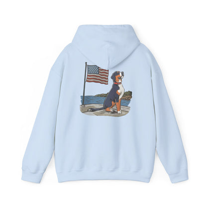 Double Graphic version of our 2025 New Summer Swissy Unisex Hooded Sweatshirt, Swissy Summer Hoodie, Greater Swiss Mountain Dog, Cartoon Swissy Character