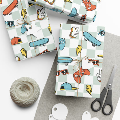Retro Boy Birthday Wrapping Paper, Video Games, Skateboard Gift Wrap Roll, Birthday Gift Wrap, Gifts for Kids