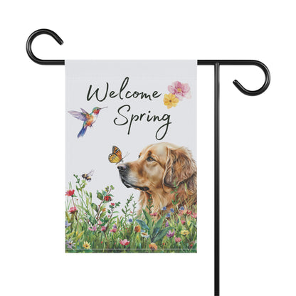 Golden Retriever Garden Flag, Welcome Spring Floral Dog Garden Flag, Watercolor Dog Flag, Double Sided Garden Flag