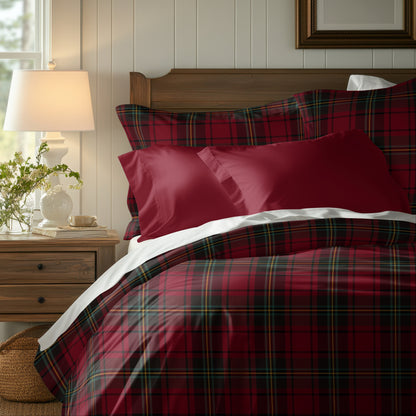 Christmas Tartan Plaid Italian Cotton Sateen Duvet Cover, Sophisticated, Timeless Christmas Bedding