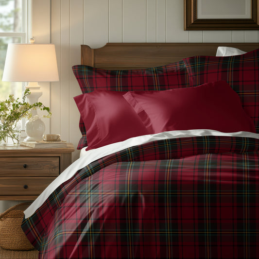 Christmas Tartan Plaid Italian Cotton Sateen Duvet Cover, Sophisticated, Timeless Christmas Bedding