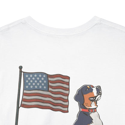 Double Sided Version of our 2025 New Summer Swissy Unisex Tshirt, Greater Swiss Mountain Dog Patriotic Flag Shirt, Cartoon Swissy Character