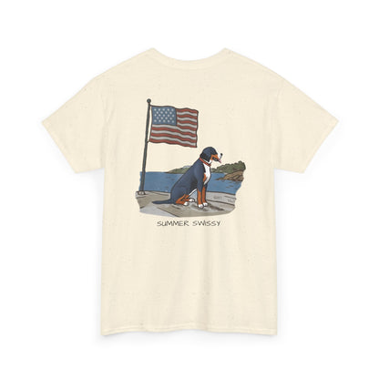Double Sided Version w/ text "Summer Swissy" Version of our 2025 New Summer Swissy Unisex Tshirt, Greater Swiss Mountain Dog Patriotic Flag Shirt, Cartoon Swissy Character