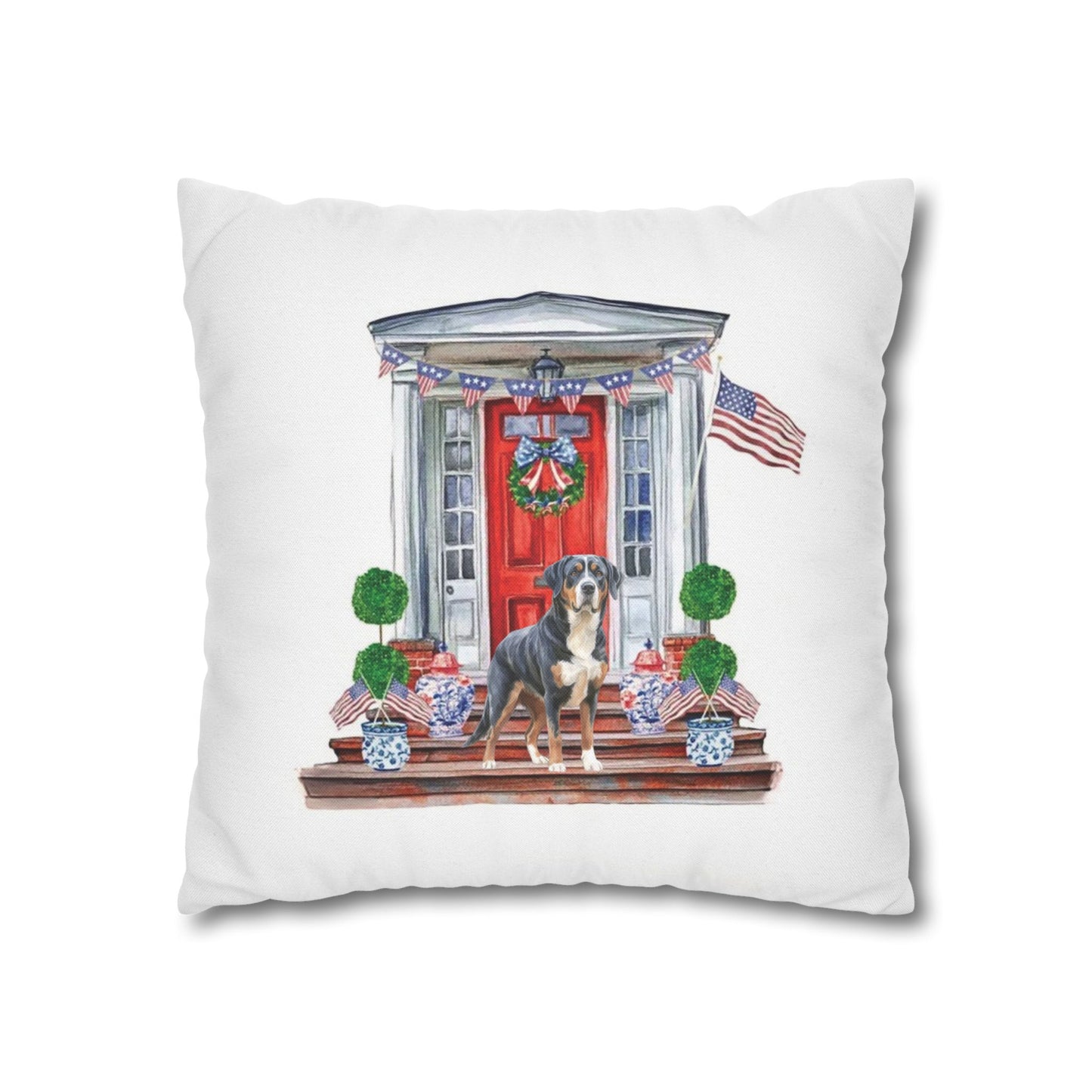 Summer Swissy in the USA, Greater Swiss Mountain Dog Pillow Cover, Hand Drawn, Double-Sided Graphics, Swissy, GSMD
