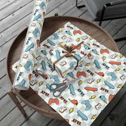 Retro Boy Birthday Wrapping Paper, Video Games, Skateboard Gift Wrap Roll, Birthday Gift Wrap, Gifts for Kids