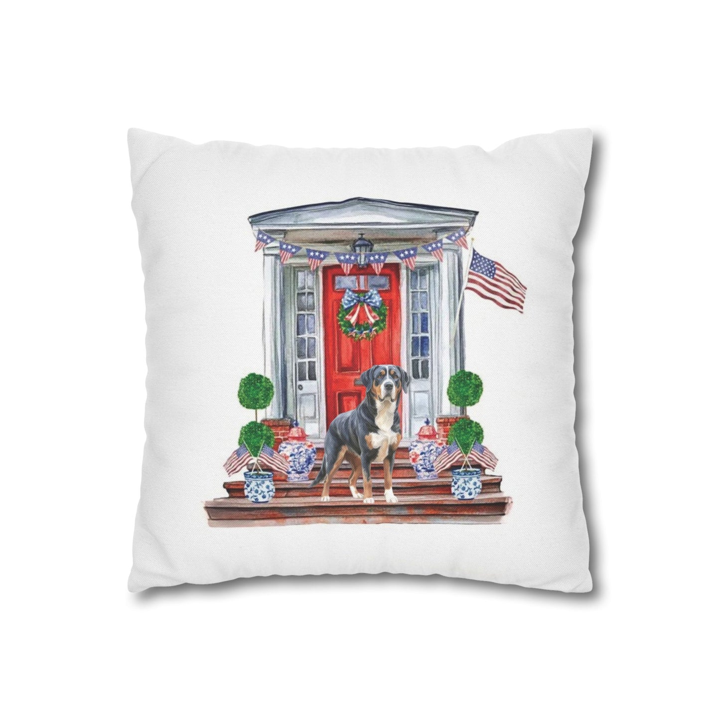 Summer Swissy in the USA, Greater Swiss Mountain Dog Pillow Cover, Hand Drawn, Double-Sided Graphics, Swissy, GSMD