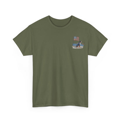 Double Sided Version w/ text "Summer Swissy" Version of our 2025 New Summer Swissy Unisex Tshirt, Greater Swiss Mountain Dog Patriotic Flag Shirt, Cartoon Swissy Character
