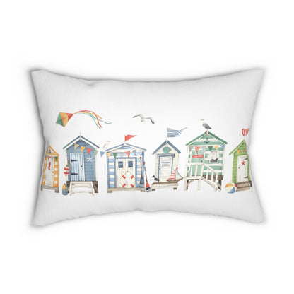 Summer Beach Huts Lumbar Pillow with Cover, 14 x 20" Double Sided Nantucket Lumbar Throw Pillow, Summer Home Decor