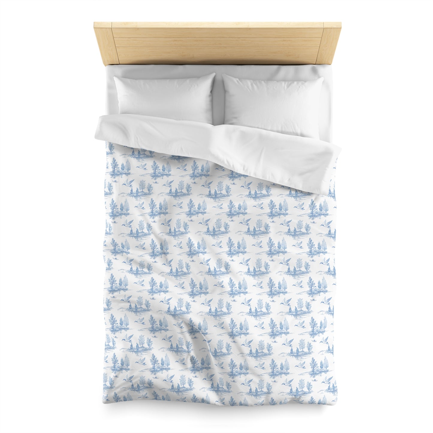 Blue Sketched Lake Scenery Duvet Cover