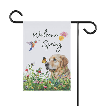 Golden Retriever Garden Flag, Welcome Spring Floral Dog Garden Flag, Watercolor Dog Flag, Double Sided Garden Flag