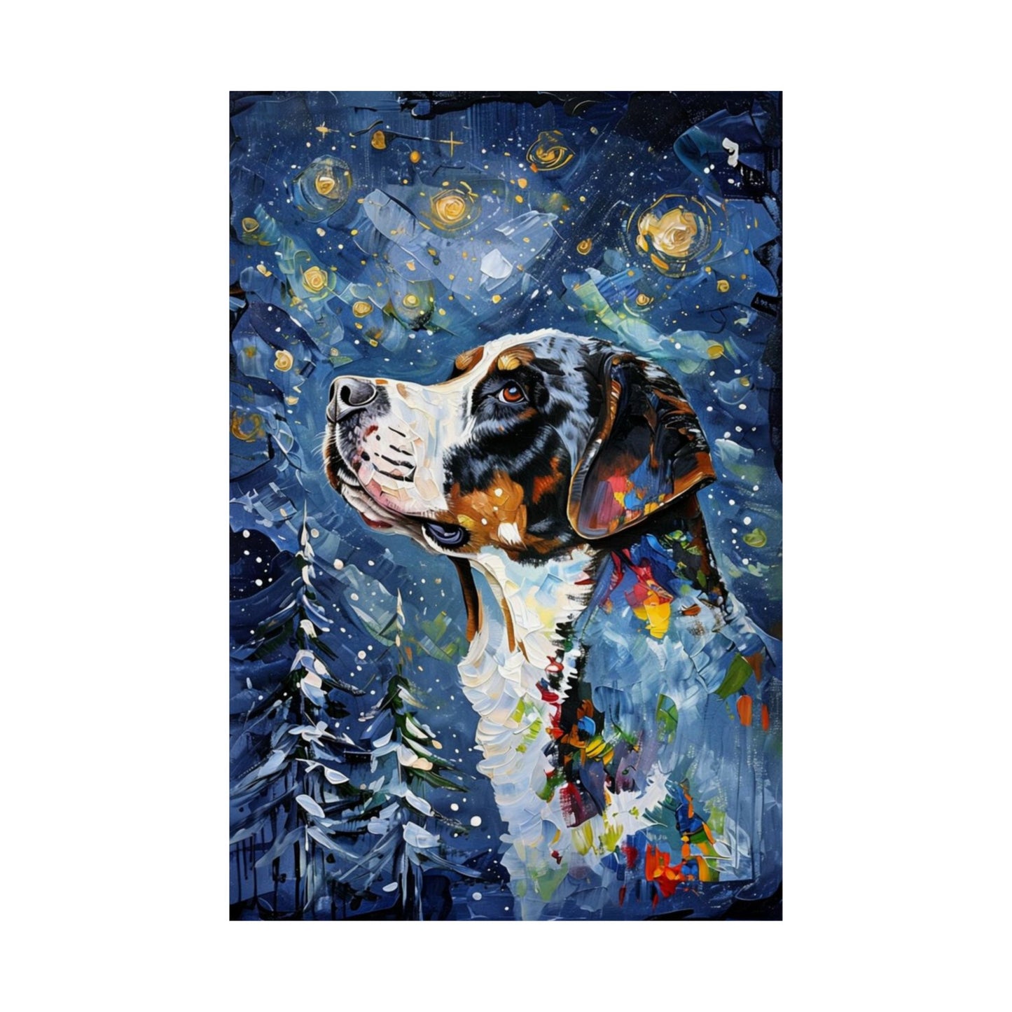 (No Frame) Starry Winter Night Greater Swiss Mountain Dog Christmas Wall Art Print