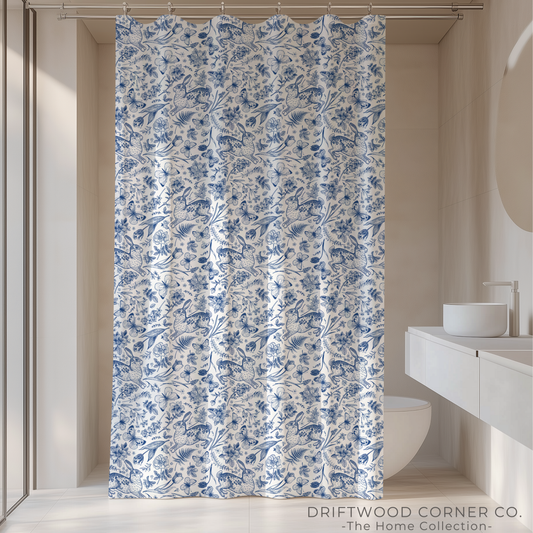 French Rabbit, Blue Chinoiserie Toile Shower Curtain