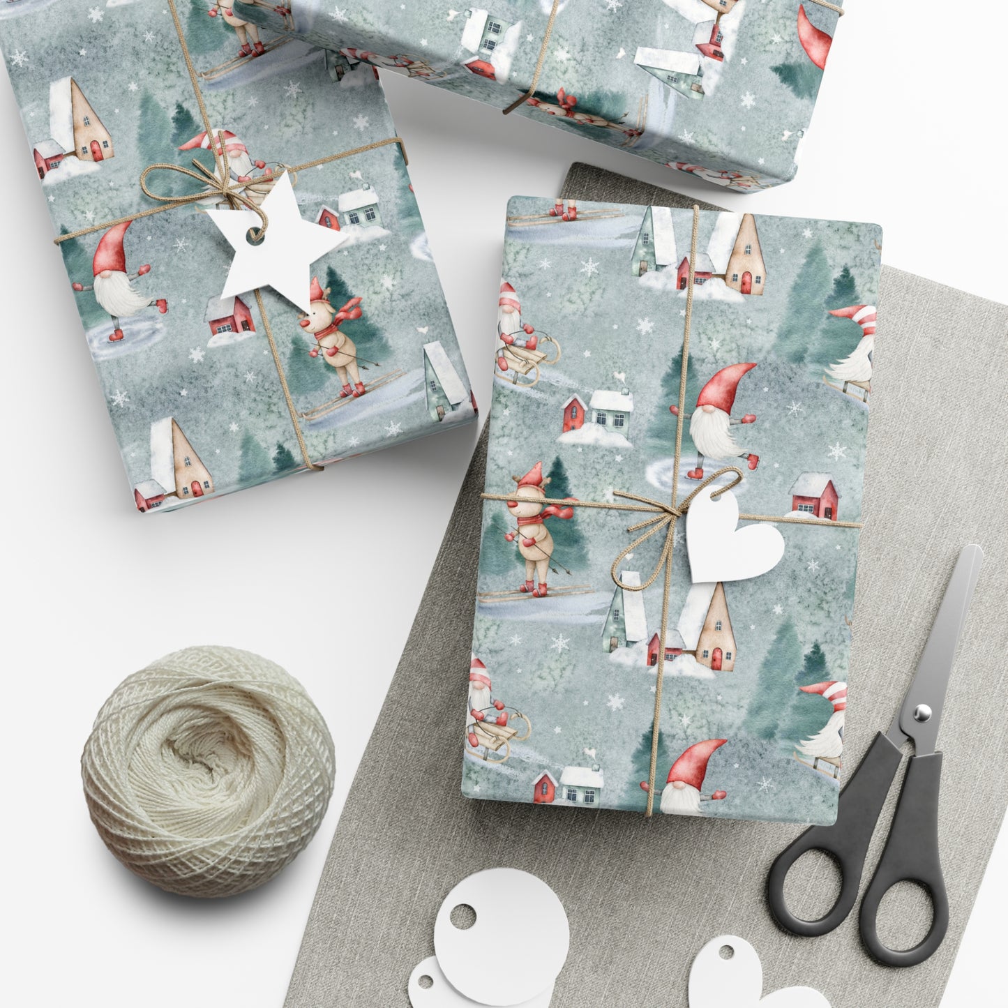 Scandinavian Gnome Christmas Gift Wrap, Christmas Wrapping Paper, Reindeer Skiing Christmas Gift Wrap, Wrapping, Christmas Gifts