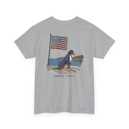 Double Sided Version w/ text "Summer Swissy" Version of our 2025 New Summer Swissy Unisex Tshirt, Greater Swiss Mountain Dog Patriotic Flag Shirt, Cartoon Swissy Character