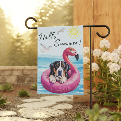 Watercolor Greater Swiss Mountain Dog Garden Flag, Hello Summer Swissy Garden Flag, Watercolor Hand drawn Dog Flag, Double Sided