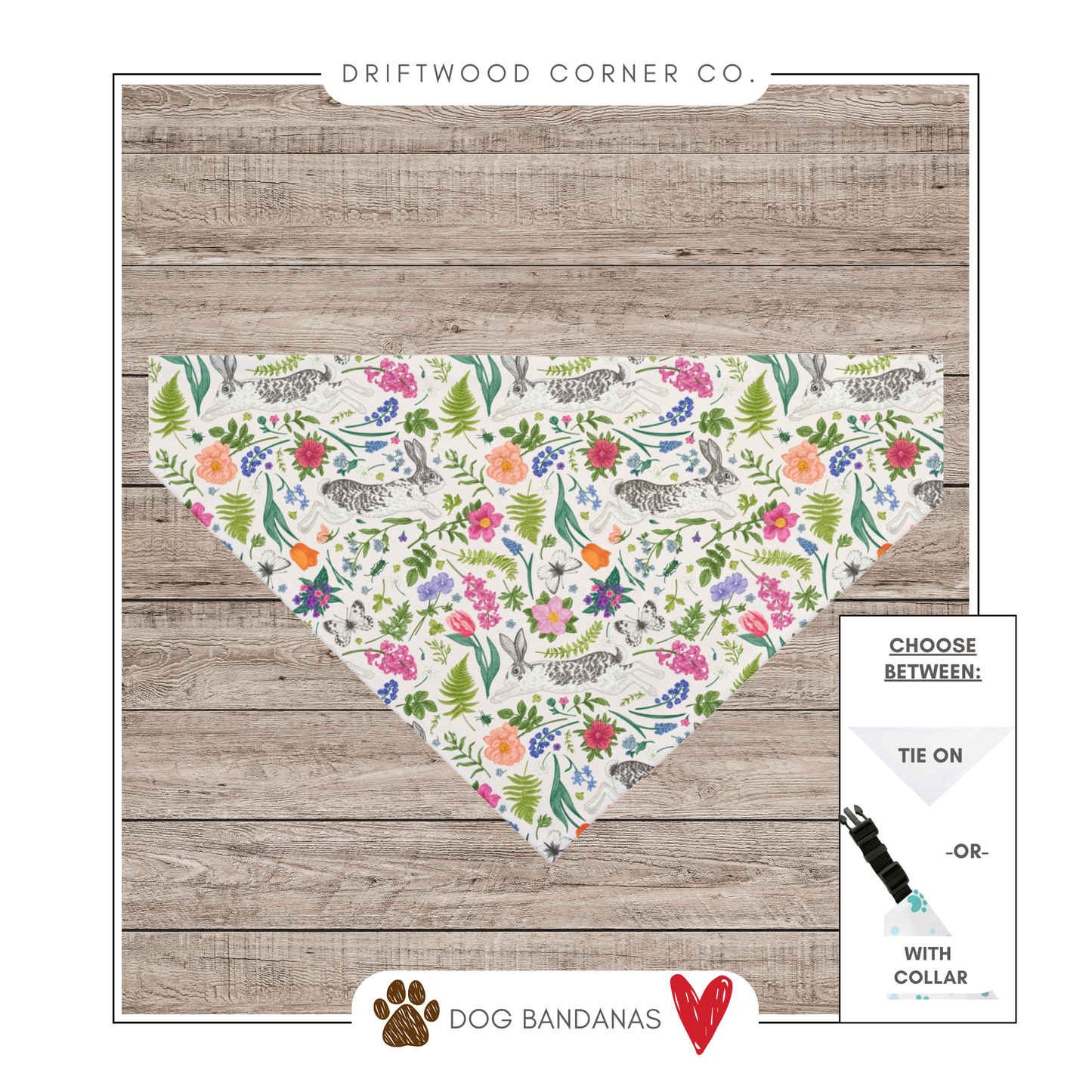 Colorful Botanical Bunny Toile Dog Bandana, Easter Dog Bandana