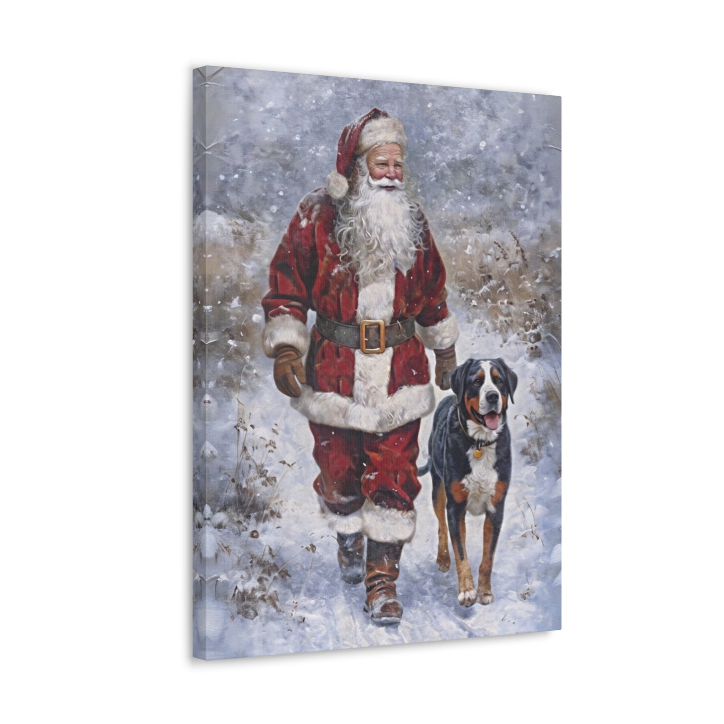 (No Frame) Santa & Swissy Winter Walk Wrapped Canvas