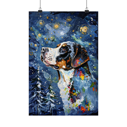 (No Frame) Starry Winter Night Greater Swiss Mountain Dog Christmas Wall Art Print