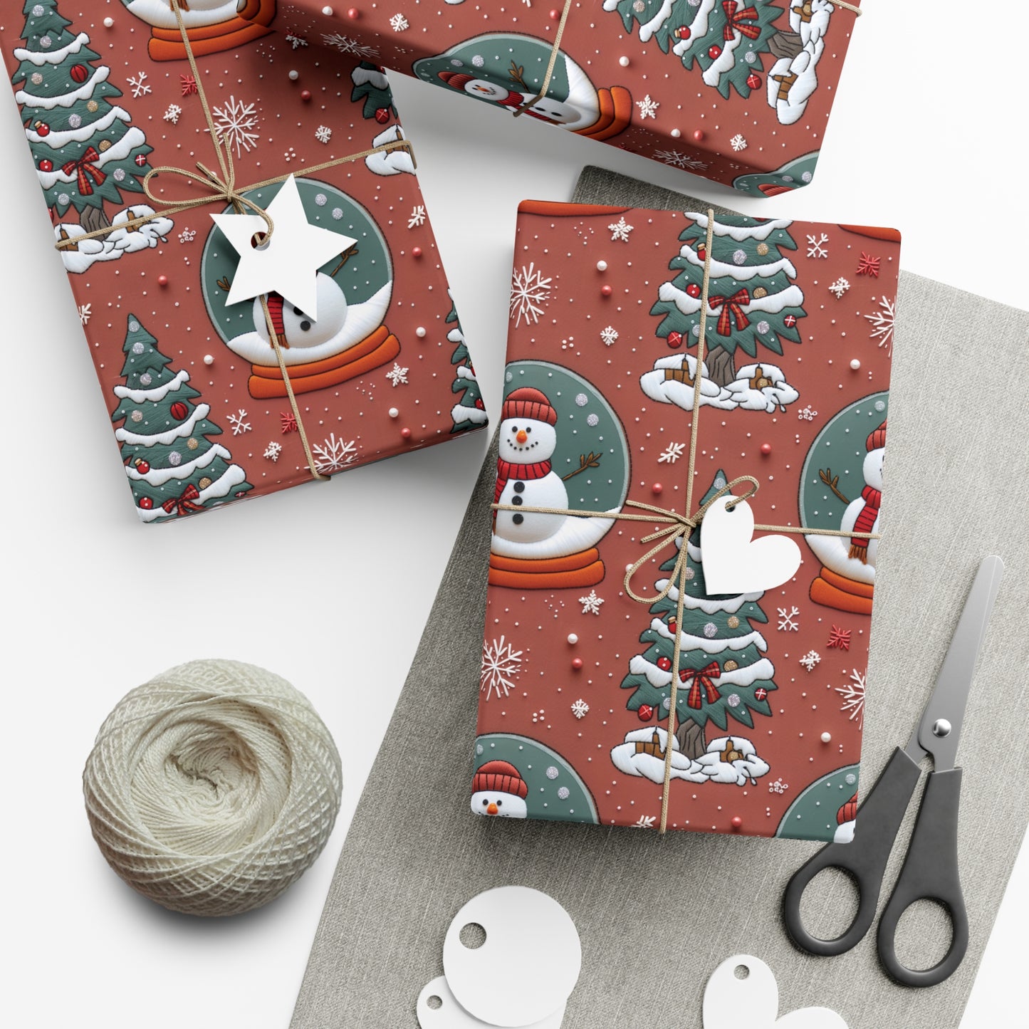 Faux Embroidered Snow Globe Christmas Wrapping Paper