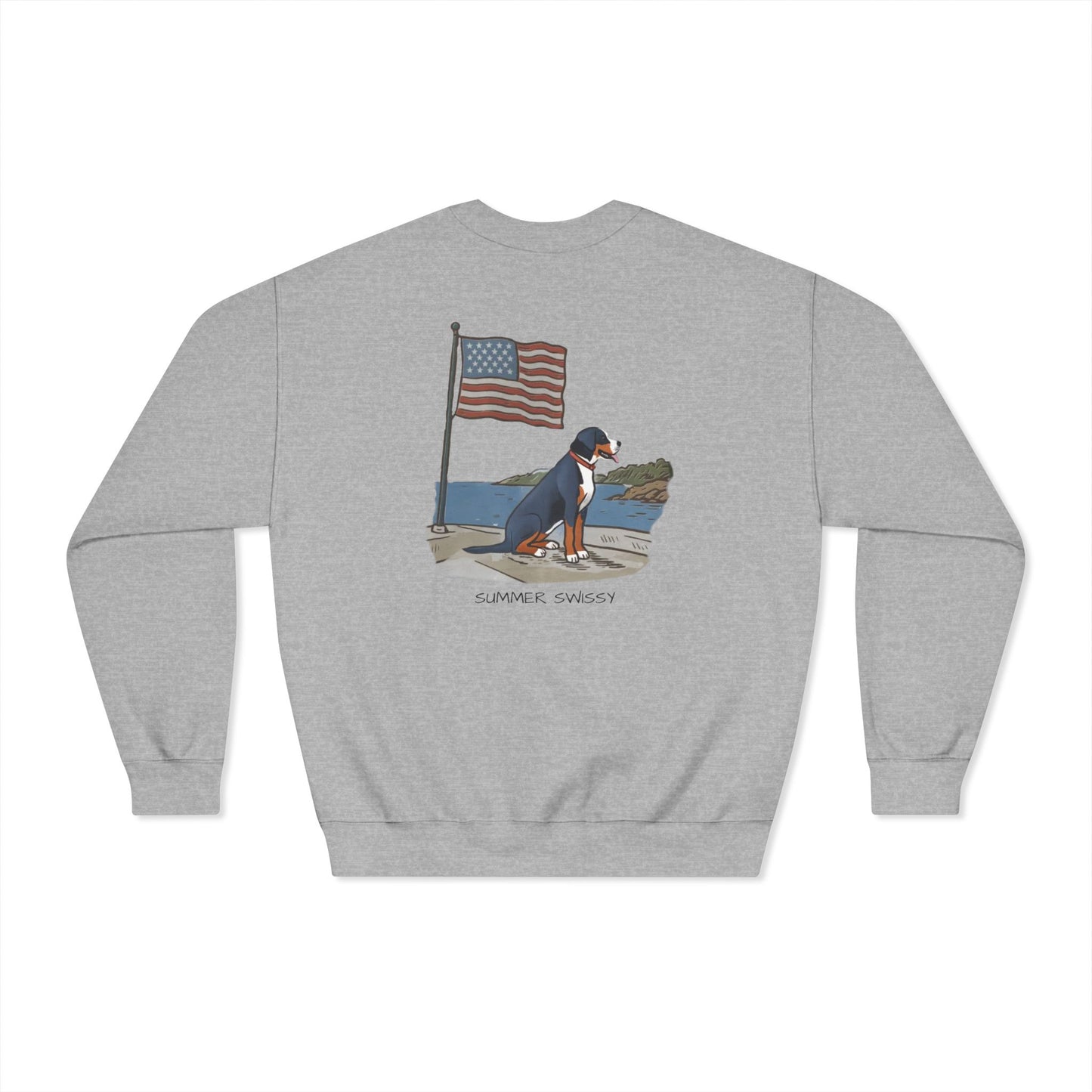 Double Sided "Summer Swissy" version of our 2025 New Summer Swissy Unisex Crewneck Sweatshirt, Greater Swiss Mountain Dog Patriotic Flag Shirt, Cartoon Swissy Character