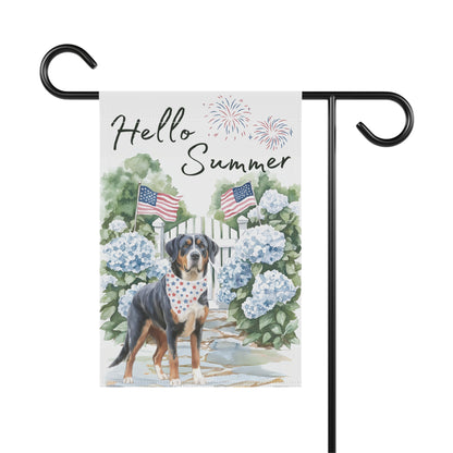 Greater Swiss Mountain Dog Garden Flag, Hello Summer Swissy Garden Flag, Watercolor Hand drawn Dog Flag, Double Sided