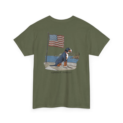 Double Sided Version w/ text "Summer Swissy" Version of our 2025 New Summer Swissy Unisex Tshirt, Greater Swiss Mountain Dog Patriotic Flag Shirt, Cartoon Swissy Character