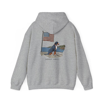 Double Graphic, "Summer Swissy" version of our 2025 New Summer Swissy Unisex Hooded Sweatshirt, Swissy Summer Hoodie, Greater Swiss Mountain Dog, Cartoon Swissy Character