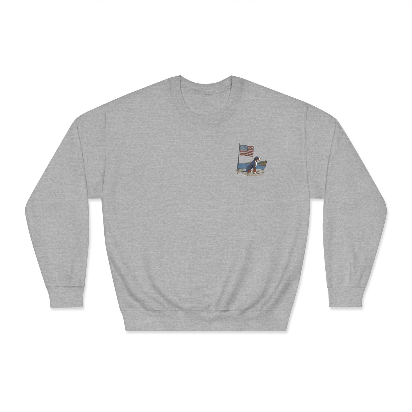 Double Sided "Summer Swissy" version of our 2025 New Summer Swissy Unisex Crewneck Sweatshirt, Greater Swiss Mountain Dog Patriotic Flag Shirt, Cartoon Swissy Character