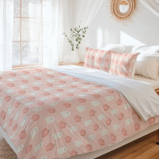 Kids Peach Ghosts and Pumpkins Halloween Duvet Cover