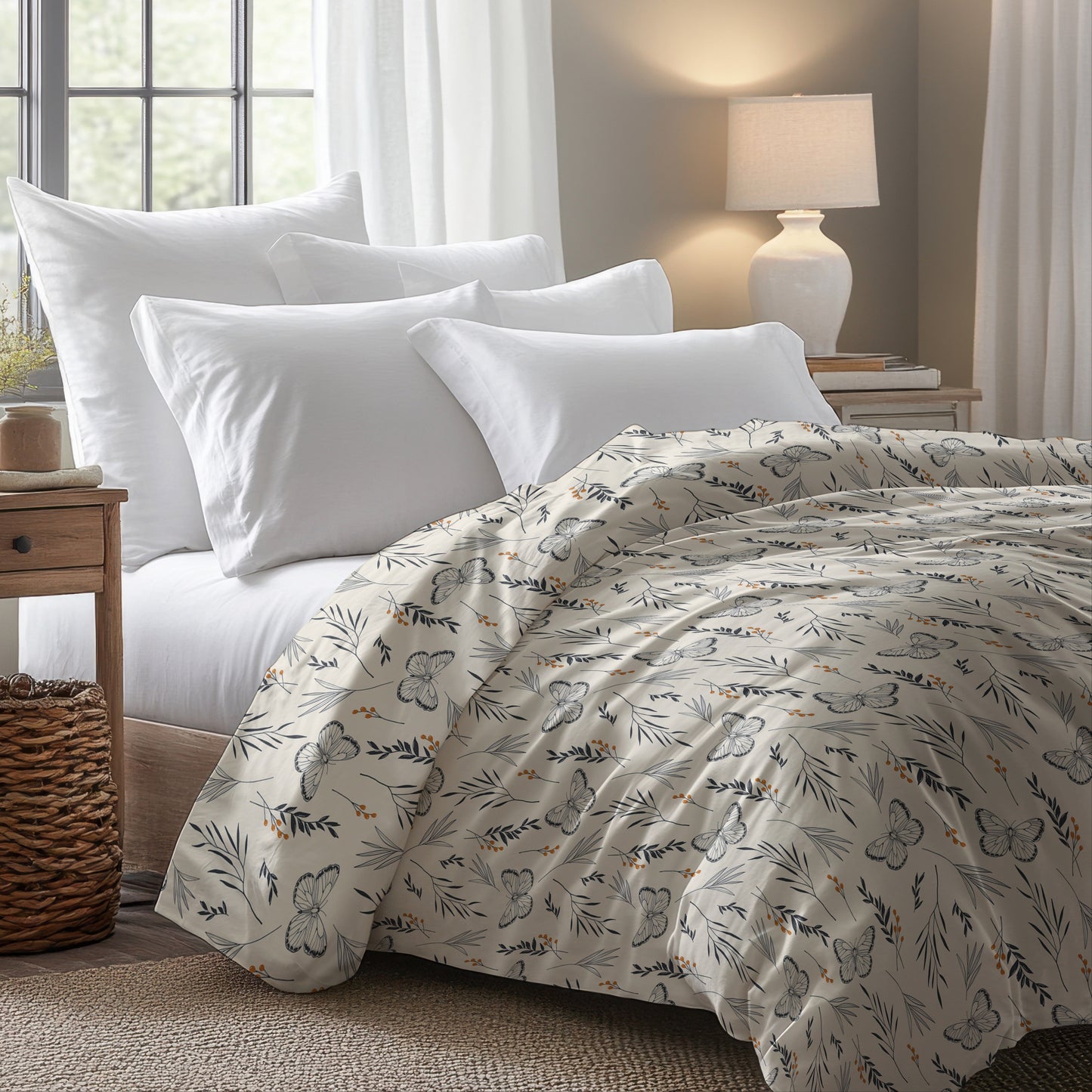 Bedroom with floral comforter and white pillows