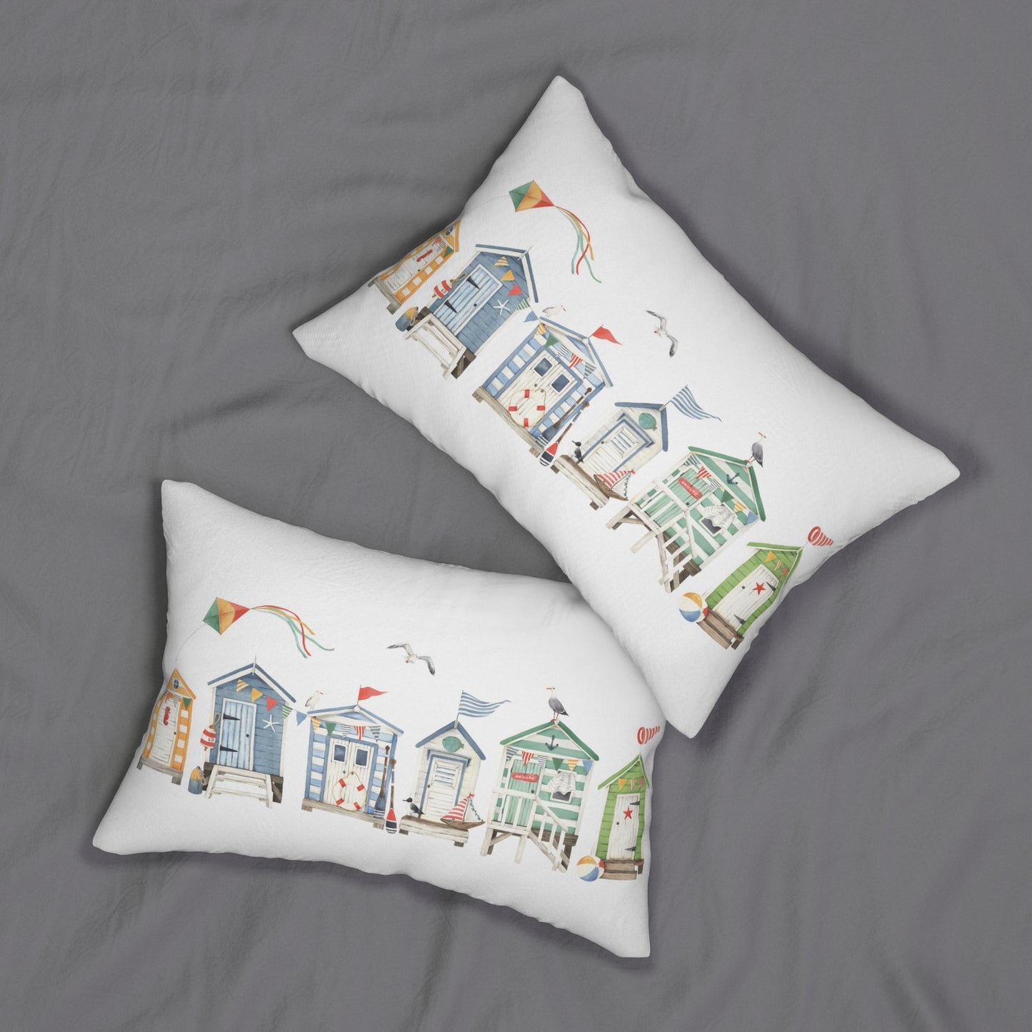 Summer Beach Huts Lumbar Pillow with Cover, 14 x 20" Double Sided Nantucket Lumbar Throw Pillow, Summer Home Decor