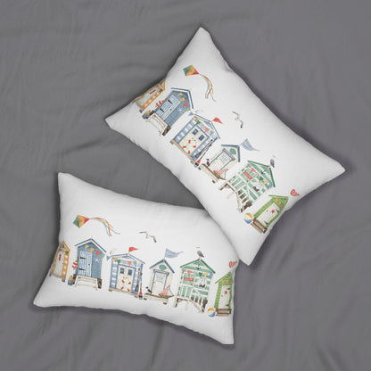 Summer Beach Huts Lumbar Pillow with Cover, 14 x 20" Double Sided Nantucket Lumbar Throw Pillow, Summer Home Decor