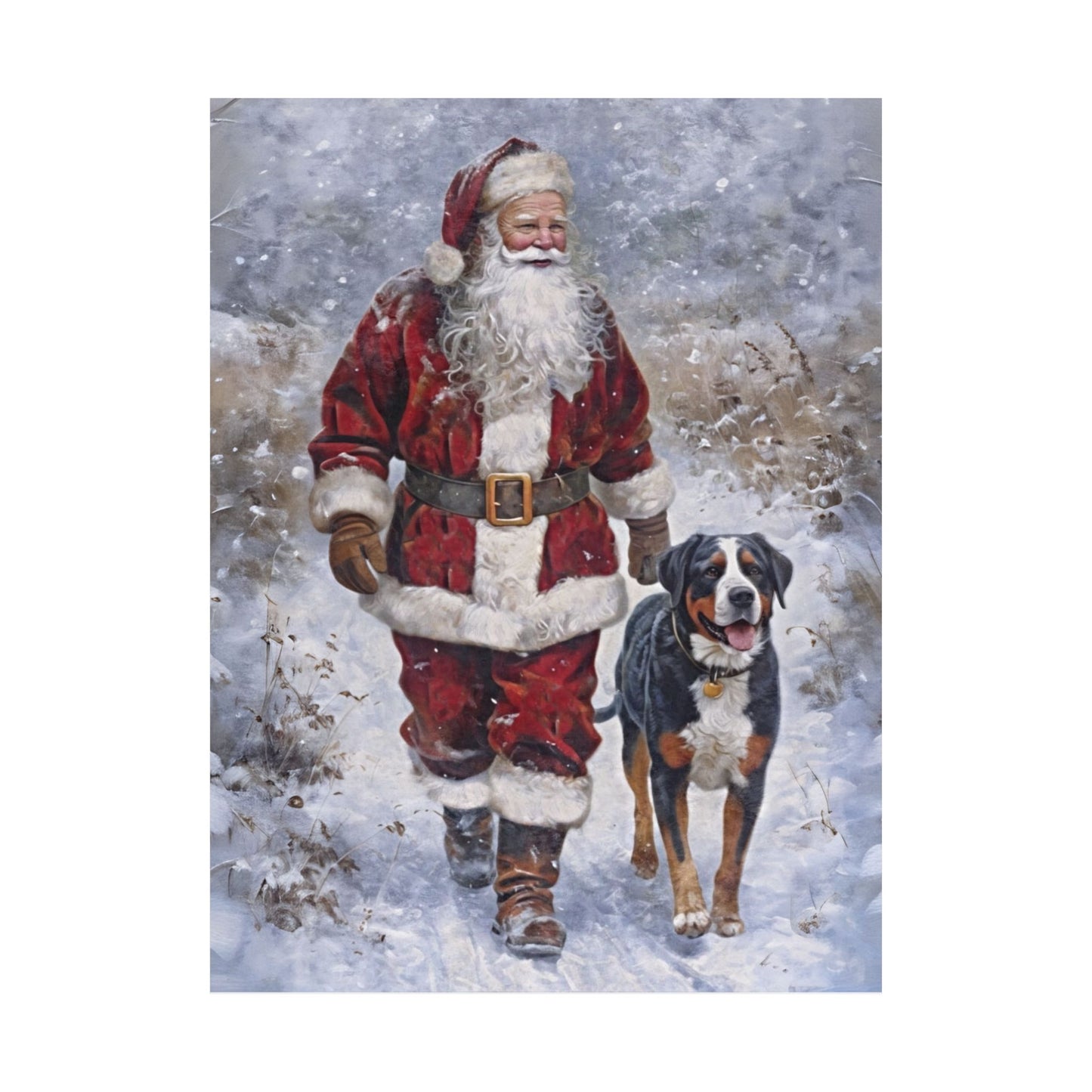 (No Frame) Santa & Swissy Winter Walk Christmas Wall Art Print