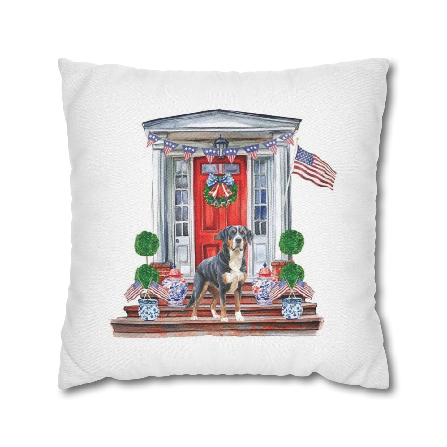 Summer Swissy in the USA, Greater Swiss Mountain Dog Pillow Cover, Hand Drawn, Double-Sided Graphics, Swissy, GSMD