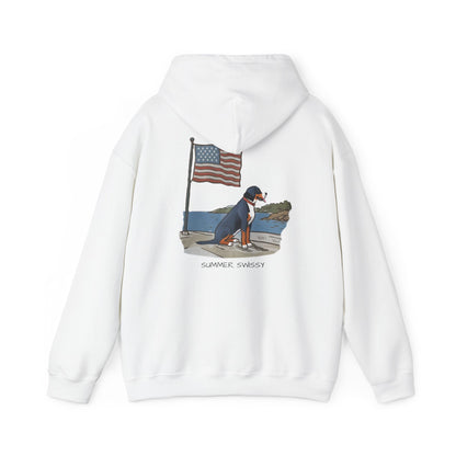 Double Graphic, "Summer Swissy" version of our 2025 New Summer Swissy Unisex Hooded Sweatshirt, Swissy Summer Hoodie, Greater Swiss Mountain Dog, Cartoon Swissy Character