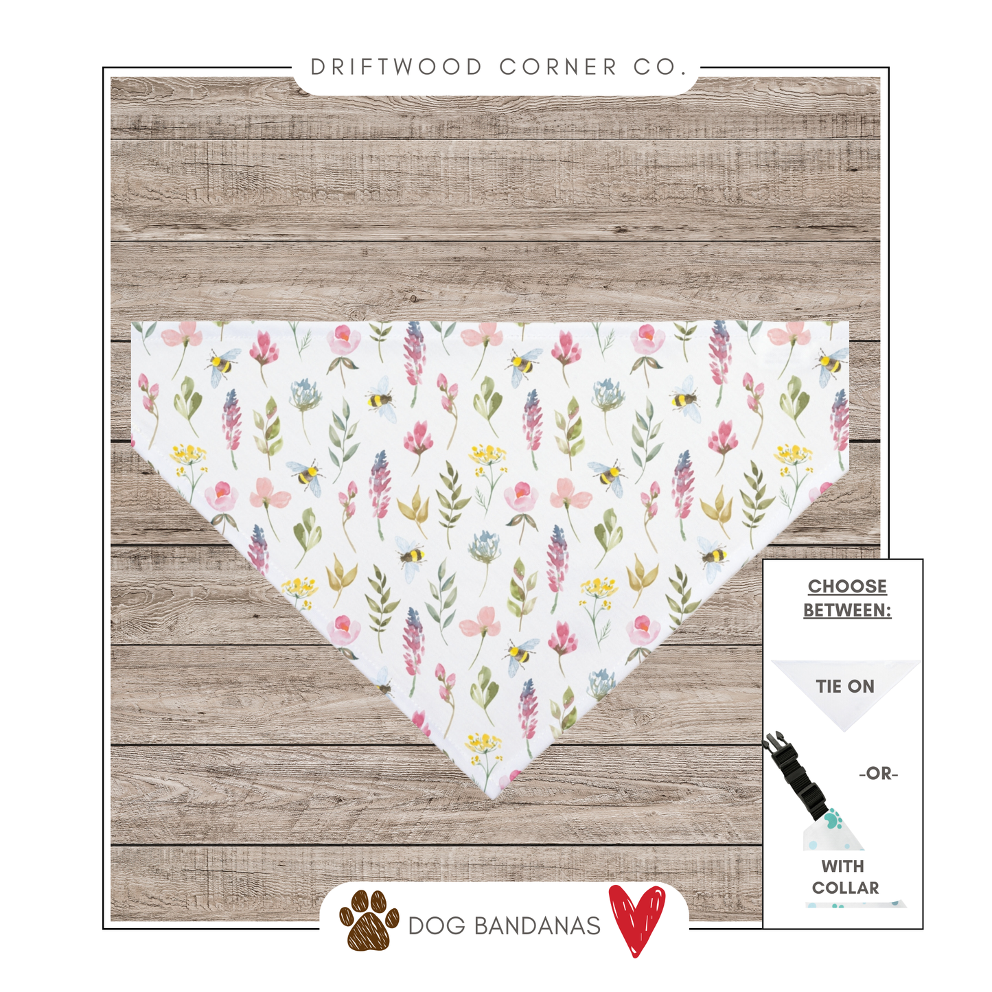 Watercolor Spring Wildflowers & Bees Dog Bandana, Spring Dog Bandana