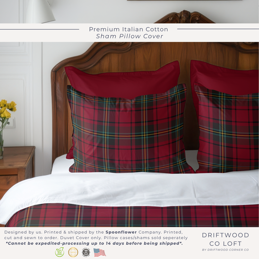 Christmas Tartan Plaid Sham Pillow Cover, Premium Italian Cotton Sateen Bedding, Sophisticated Timeless Classic Christmas Home