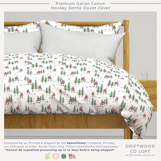Hockey Santa Christmas Duvet Cover, Ice Hockey Bedding, Sports Fan Holiday Decor, Festive Winter Bedroom, Unique Gift for Hockey Lovers