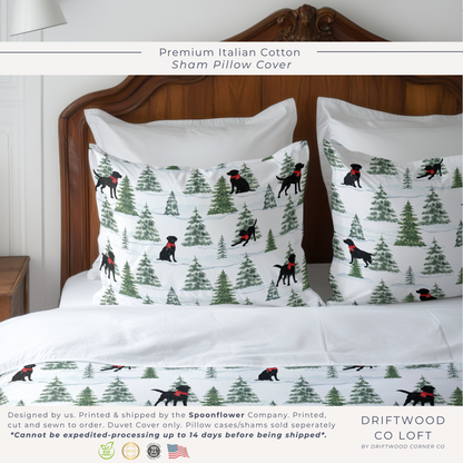 Snowy Black Dogs Christmas Sham Pillow Cover, Premium Italian Cotton Sateen Bedding, Labrador Retriever Christmas, Christmas Dogs