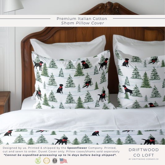 Snowy Black Dogs Christmas Sham Pillow Cover, Premium Italian Cotton Sateen Bedding, Labrador Retriever Christmas, Christmas Dogs