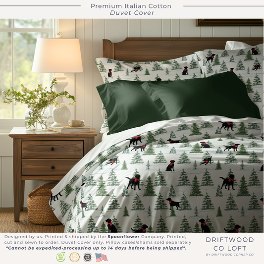 Snowy Black Dog Christmas Duvet Cover, Labrador Christmas Bedding, Premium Italian Cotton Sateen, Christmas Dogs Home Decor, Christmas Dogs