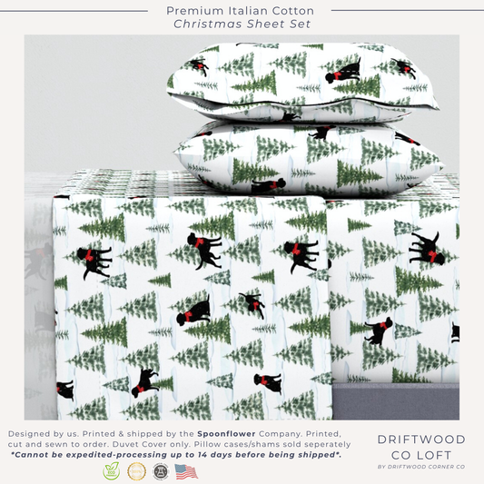 Snowy Black Dogs Christmas Sheet Set ,Premium Italian Cotton Sateen, Christmas Dogs Bedding