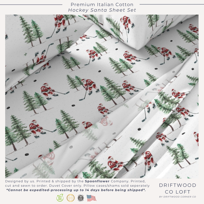 Hockey Santa Sheet Set | Premium Italian Cotton Sateen Christmas Bedding | Luxury Holiday Sheets | Festive Sports Fan Gift