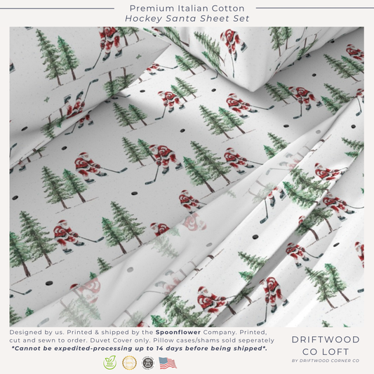 Hockey Santa Sheet Set | Premium Italian Cotton Sateen Christmas Bedding | Luxury Holiday Sheets | Festive Sports Fan Gift