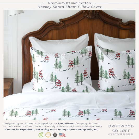 Hockey Santa Pillow Sham, Christmas Bedding, Festive Holiday Home Decor, Christmas Gift for Hockey Fan, Winter Pillow Cover